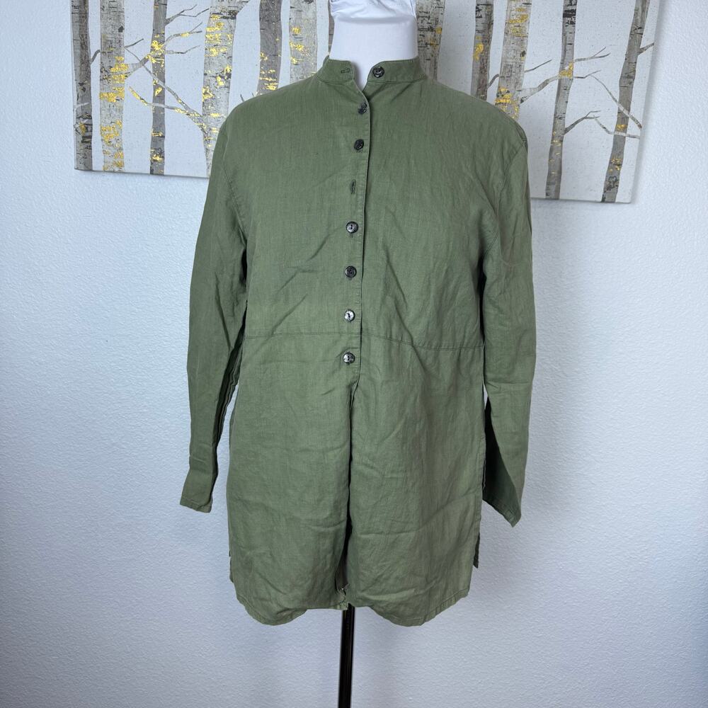 SILX Linen Popover Top Military Style Olive Green 2 Petite